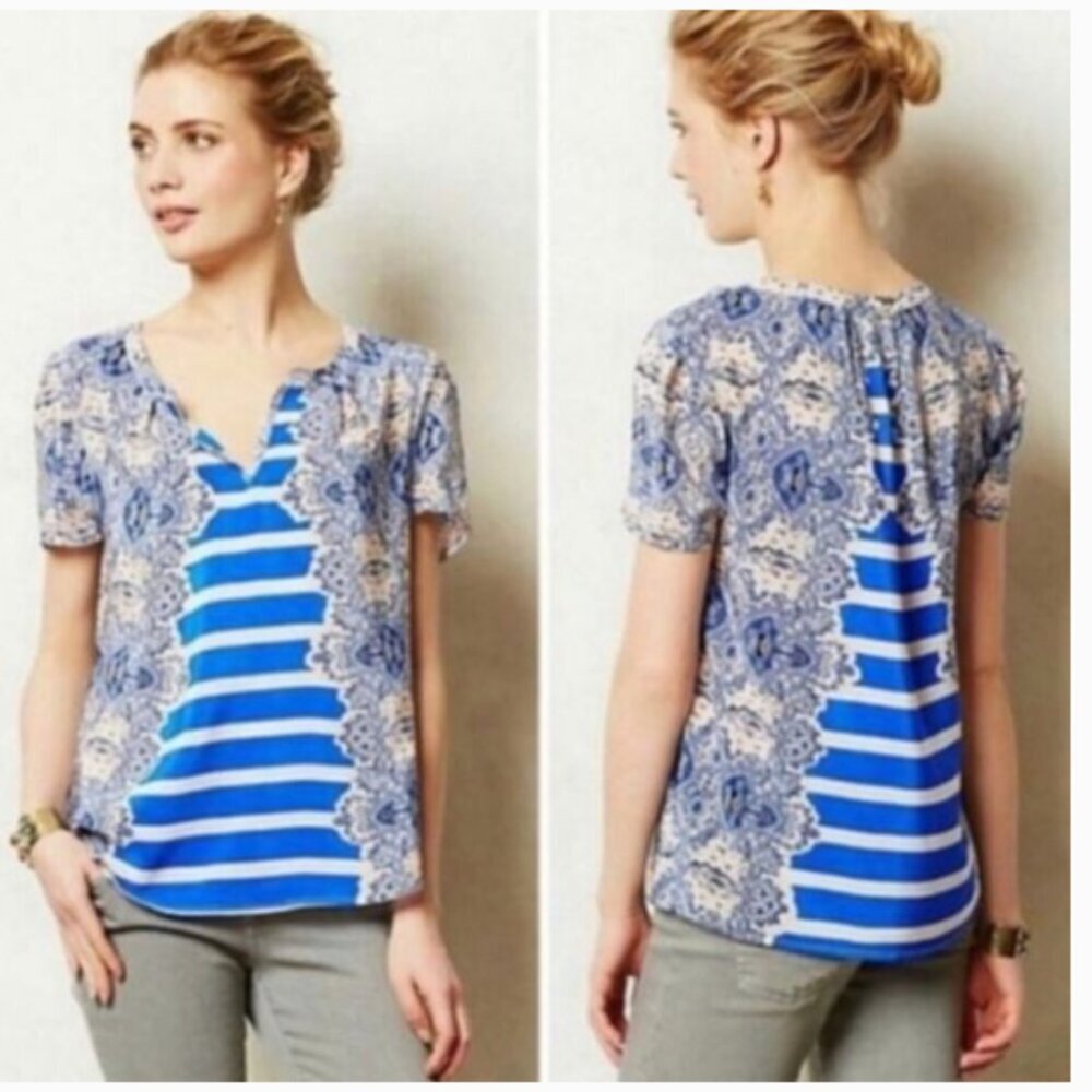 Anthropologie Maeve Archivist Blue Paisley Stripe 100% Silk Blouse Top XS
